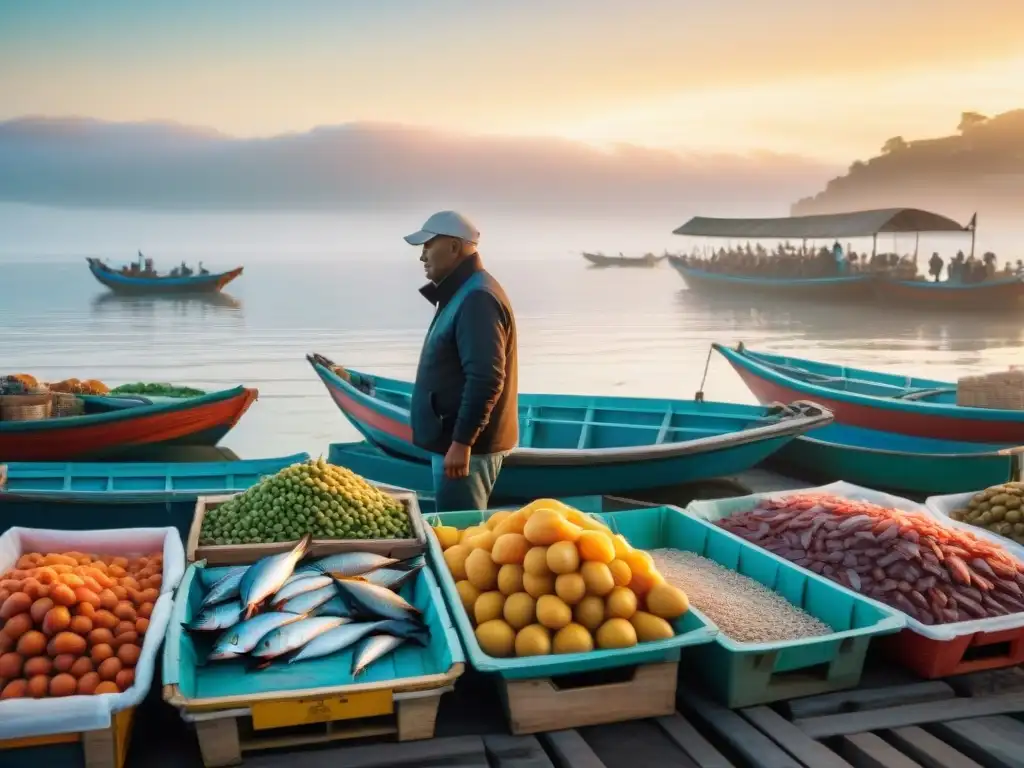 Pescado fresco al amanecer: mercado costero vibrante Un bullicioso mercado de pescado costero al amanecer, con pescadores descargando capturas frescas mientras gaviotas vuelan sobre el sol naciente