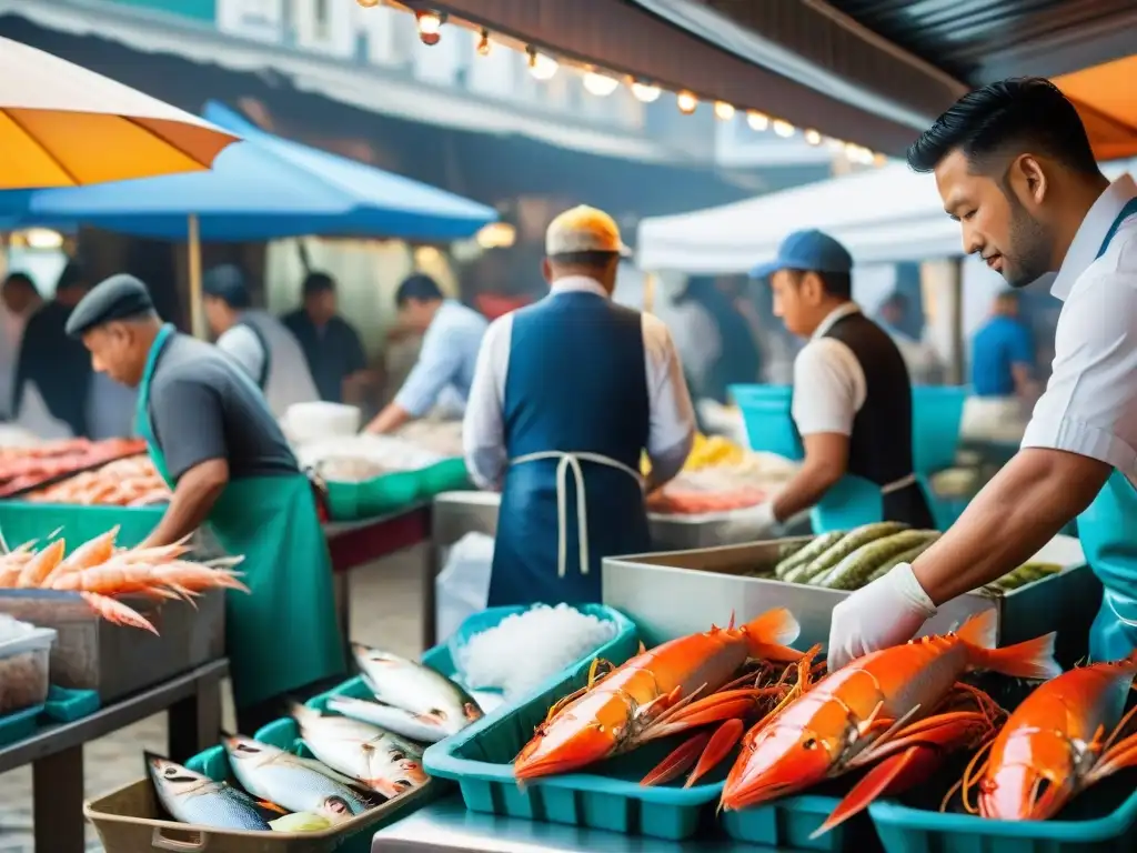 Puesto de pescado fresco en mercado costero Un bullicioso mercado de pescado costero emergente en 2023, con mariscos frescos y pescado brillante bajo la luz natural