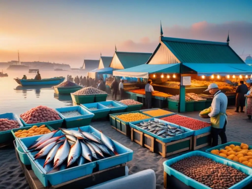 Mercado pesquero costero: escena vibrante al amanecer Un bullicioso mercado de pescado costero al amanecer, pescadores mostrando mariscos frescos, clientes bajo toldos coloridos, barcos y gaviotas