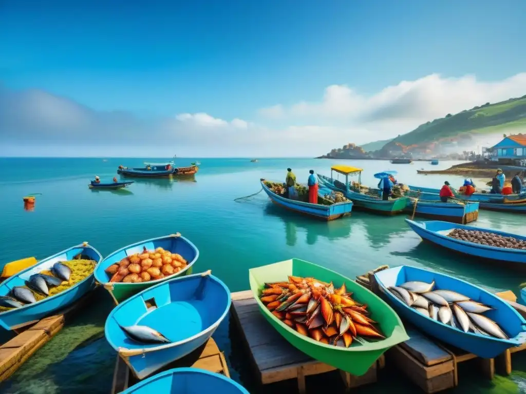 Mercado pesquero costero: escena vibrante de pescadores y mariscos frescos Un bullicioso mercado de pescado junto al mar con pescadores descargando botes llenos de mariscos frescos, gastronomía costera tradicional del mundo