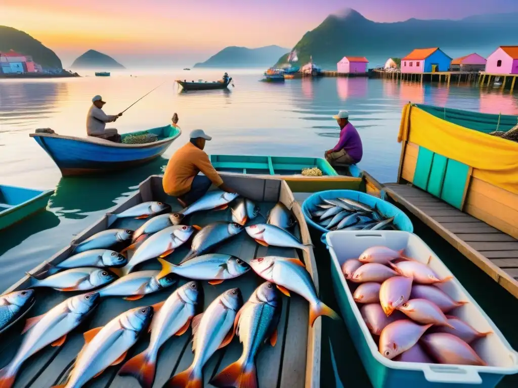 Mercado de pescado en pueblo costero: frescura y colorido Un bullicioso mercado de pescado en un pintoresco pueblo costero, con pescadores locales descargando capturas frescas y coloridas