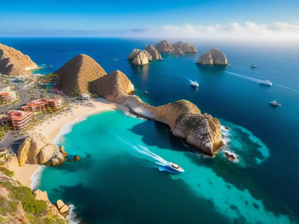 Maravillosa vista aérea del Arco de Cabo San Lucas Explora Cabo San Lucas propiedades costeras desde el aire, mostrando su belleza natural y espíritu aventurero