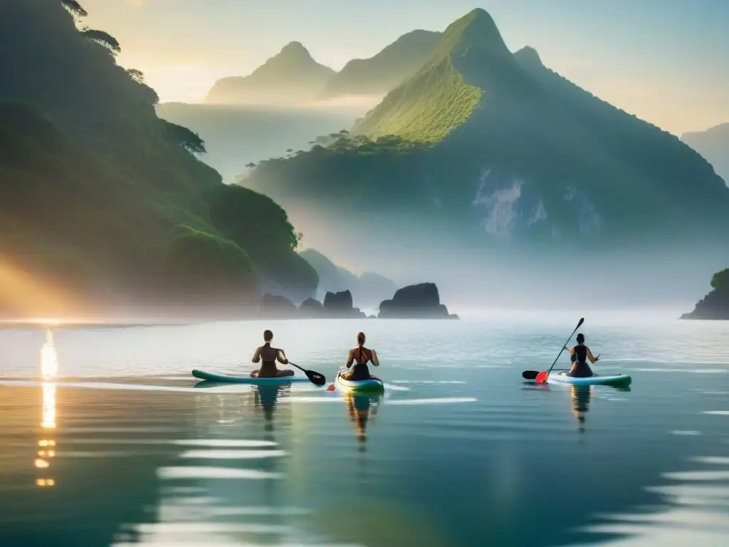 Yoga en paddleboard al amanecer: armonía natural y serenidad Práctica de standup paddle yoga al amanecer en una cala costera, creando armonía entre naturaleza y bienestar