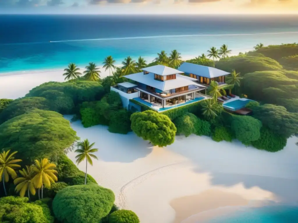 Paraíso costero: villa de lujo en playa tropical Calculadora préstamos propiedades costeras: Villa de lujo en playa paradisíaca al atardecer