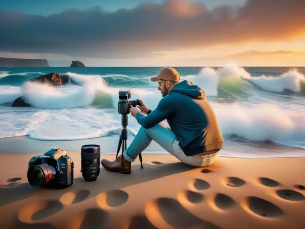 Fotógrafo profesional ajustando cámara en la costa al atardecer Fotógrafo ajusta cámara en propiedad costera al atardecer