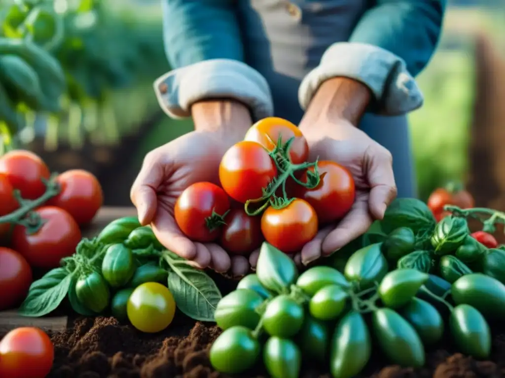 Manos del agricultor: selección de tomates orgánicos en EcoResort Un campesino selecciona tomates orgánicos en un jardín, resaltando la gastronomía sostenible en EcoResorts