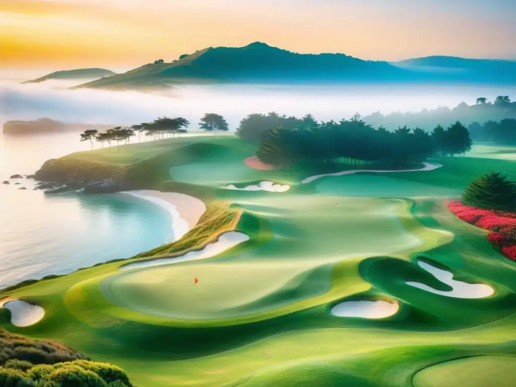Campo de golf costero al amanecer: belleza serena junto al mar Campos de golf con vistas al mar al amanecer, donde la neblina matutina y las gaviotas crean un escenario sereno y vibrante