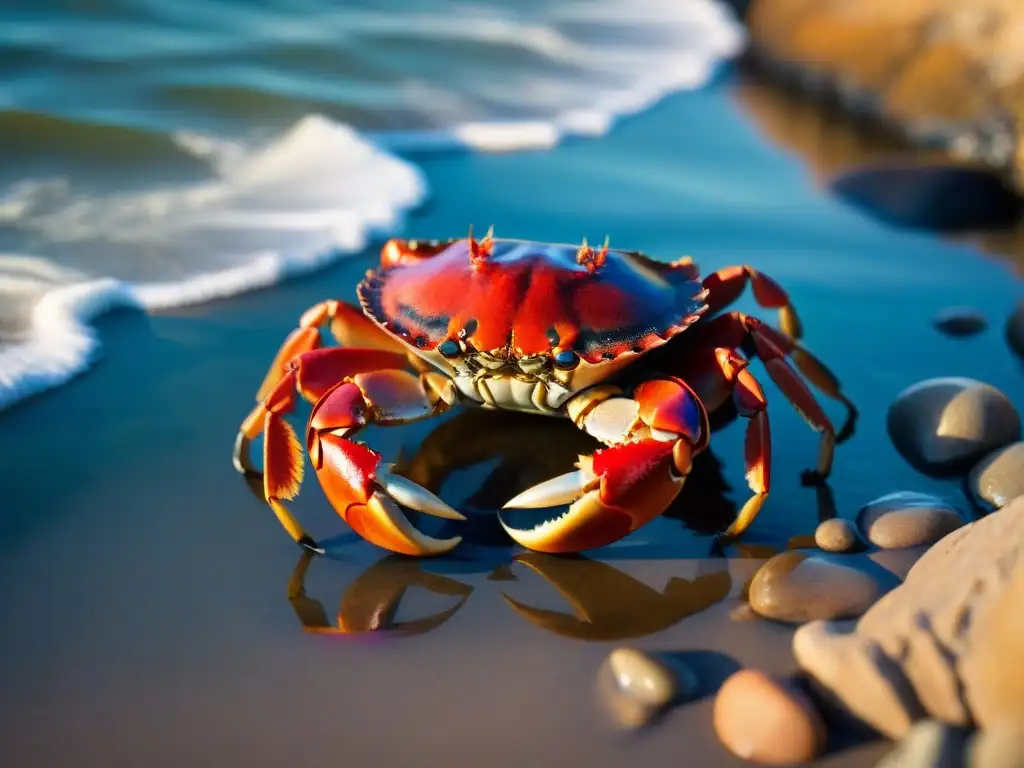 Caracol rojo brillante explorando la costa al atardecer Un cangrejo rojo vibrante explorando la costa al atardecer, resaltando su caparazón y pinzas, fotografiar fauna en propiedades costeras