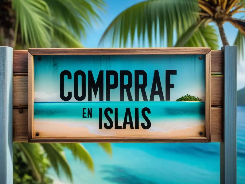 Inversión inmobiliaria: Comprar Propiedades en Islas Cartel de madera en isla tropical con 'Compra de propiedades en islas' pintado a mano, rodeado de palmeras y aguas cristalinas