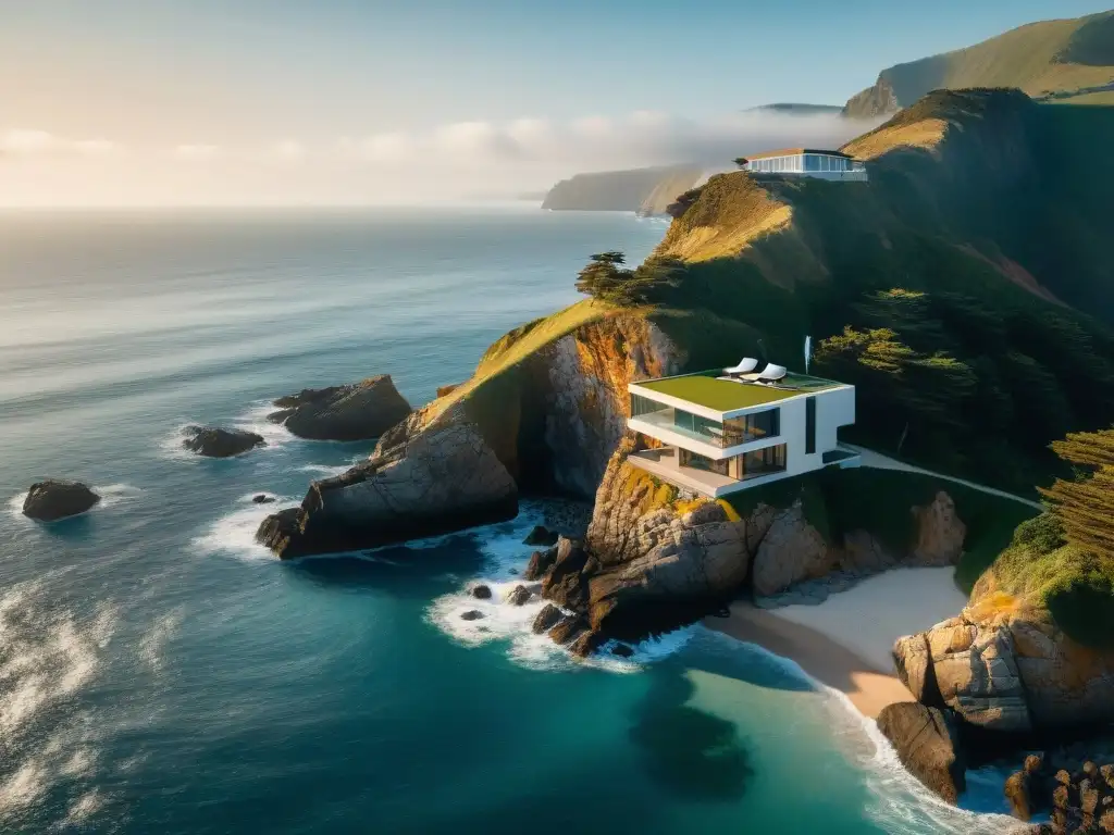 Residencia costera moderna: diseño elegante con vistas al mar Casa costera de diseño arquitectónico moderno sobre acantilado, con vistas al mar y ventanales panorámicos
