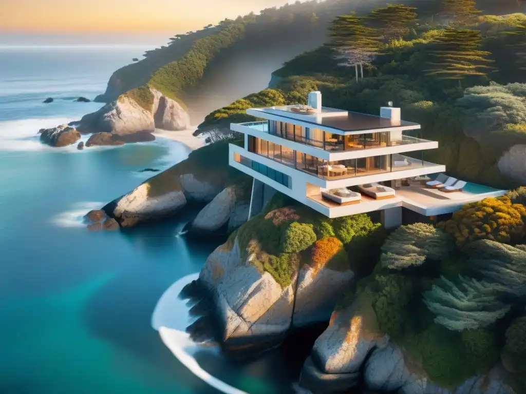 Residencia moderna en acantilado con vistas al mar Una casa costera de diseño arquitectónico moderno, con vistas panorámicas al mar desde ventanas de piso a techo al atardecer