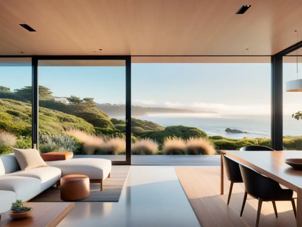Hogar costero ecológico: diseño minimalista y sostenible a orillas del mar Una casa costera de diseño minimalista integrada con la naturaleza, con amplias ventanas y energía solar, iluminada por la suave luz matutina