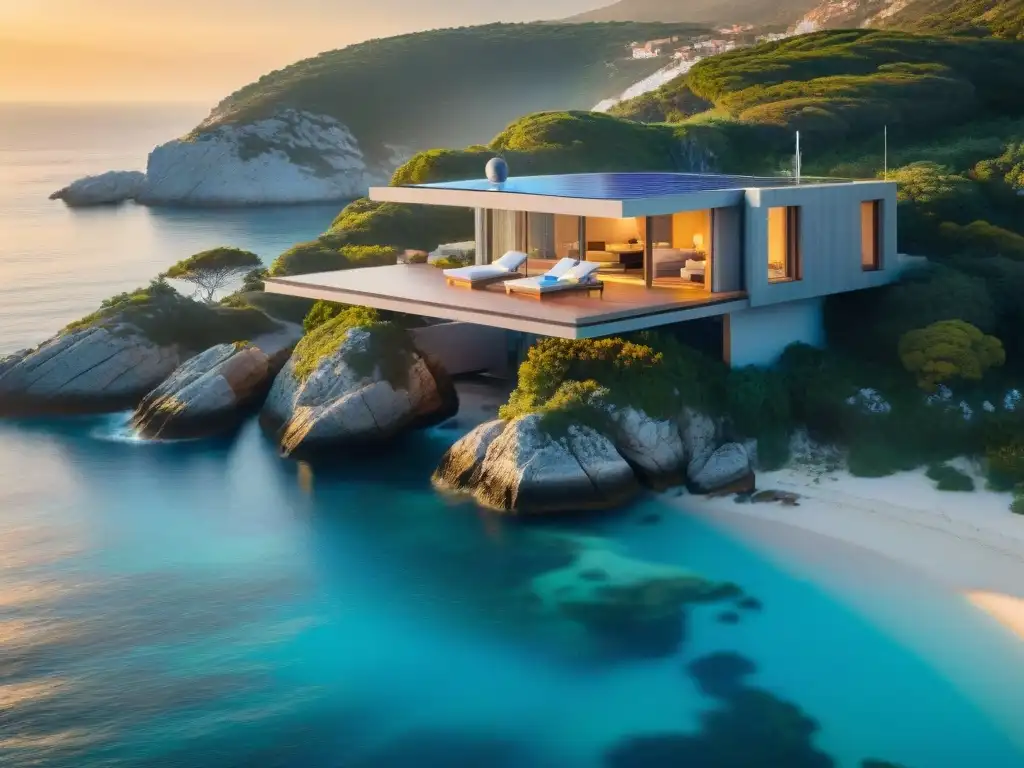 Casa minimalista en acantilado: armonía con la naturaleza Casa costera de diseño minimalista en acantilado con vista al mar turquesa al atardecer