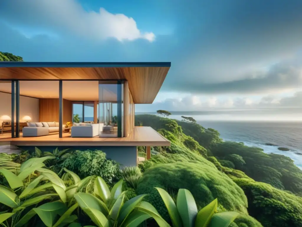 Casa costera ecoamigable: modernidad sostenible junto al mar Casa costera ecoamigable con materiales sostenibles como pisos de bambú y paneles solares en el techo, integrada en la naturaleza junto al mar