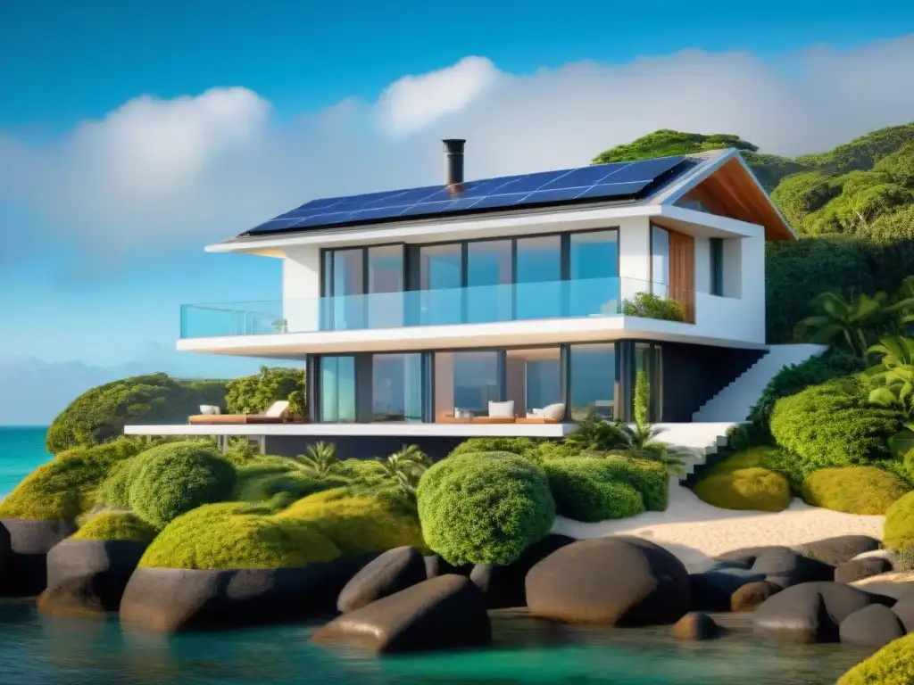 Casa ecológica frente al mar: sustentabilidad y armonía Casa costera ecoamigable con tecnologías verdes: paneles solares, ventanas amplias y sistema de recolección de agua de lluvia