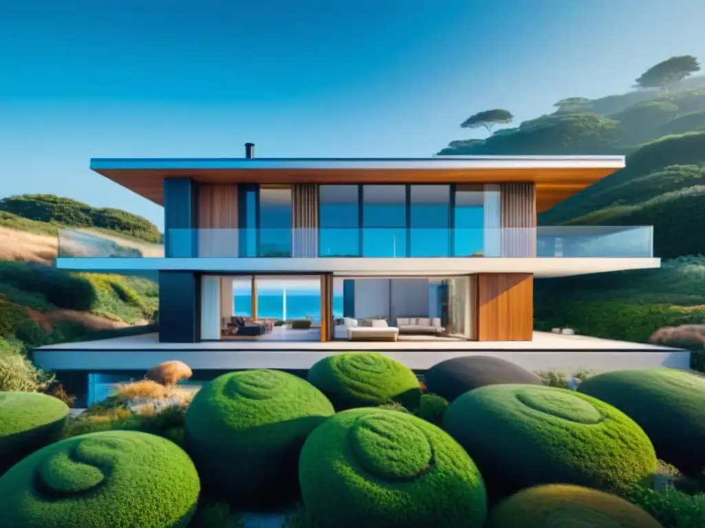 Vivienda playera ecofriendly con tecnología verde de vanguardia Casa costera ecoamigable con tecnologías verdes: paneles solares, sistema de recolección de agua de lluvia y jardín sostenible