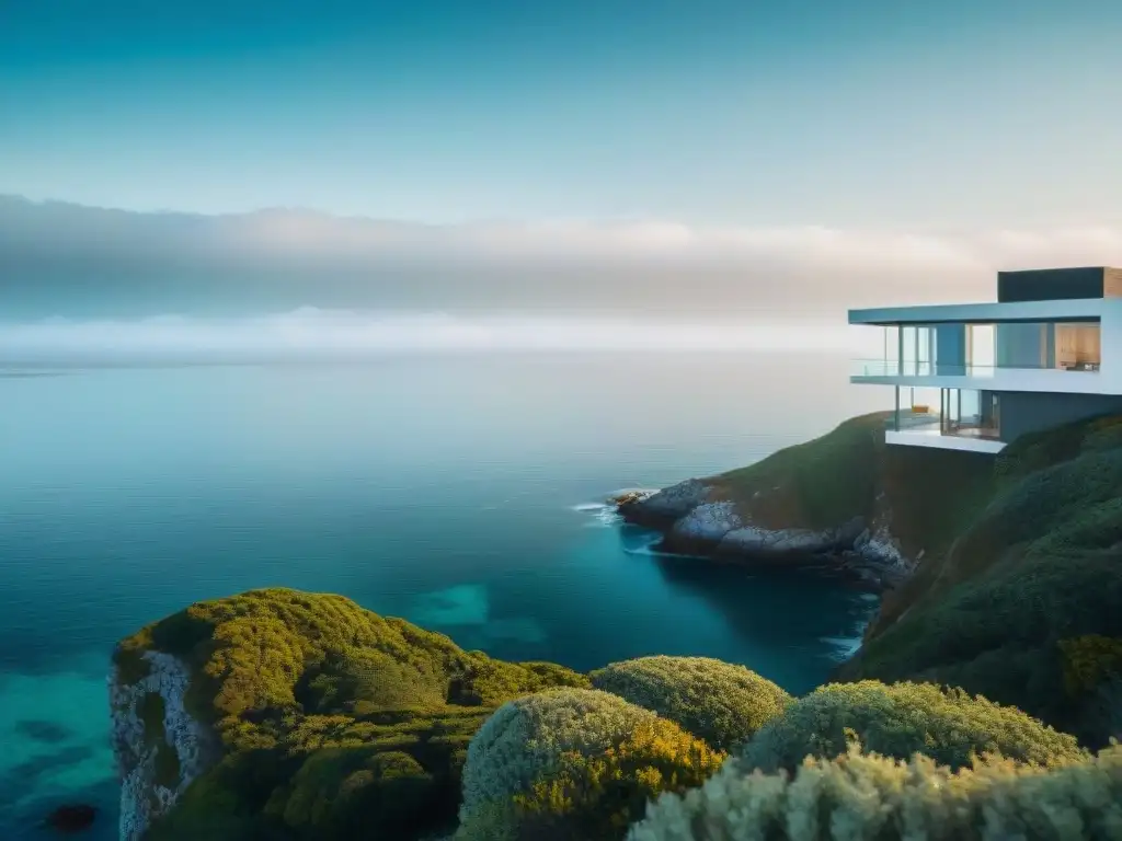 Vista impactante: Casa minimalista frente al mar Una casa costera minimalista se alza sobre un acantilado, con vista al vasto océano