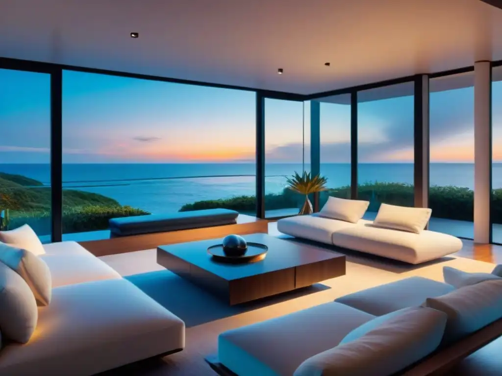 Vista interior de casa costera inteligente al atardecer Una casa costera moderna al atardecer con domótica para hogares costeros