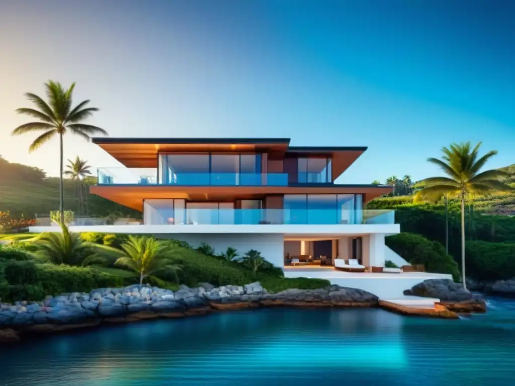 Residencia costera moderna: diseño y materiales duraderos frente al mar Casa costera moderna con materiales adecuados, bañada por luz cálida frente al océano azul y palmeras