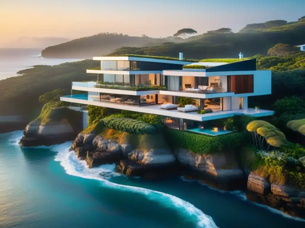 Propiedad costera moderna con tecnología inteligente al atardecer Casa costera moderna con domótica en propiedades costeras