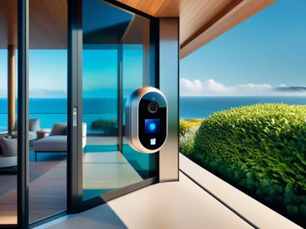 Residencia costera moderna con seguridad biométrica integrada Una casa costera moderna con seguridad biometría integrada, resaltando un escáner de huellas, cámara de vigilancia y sistema de reconocimiento facial