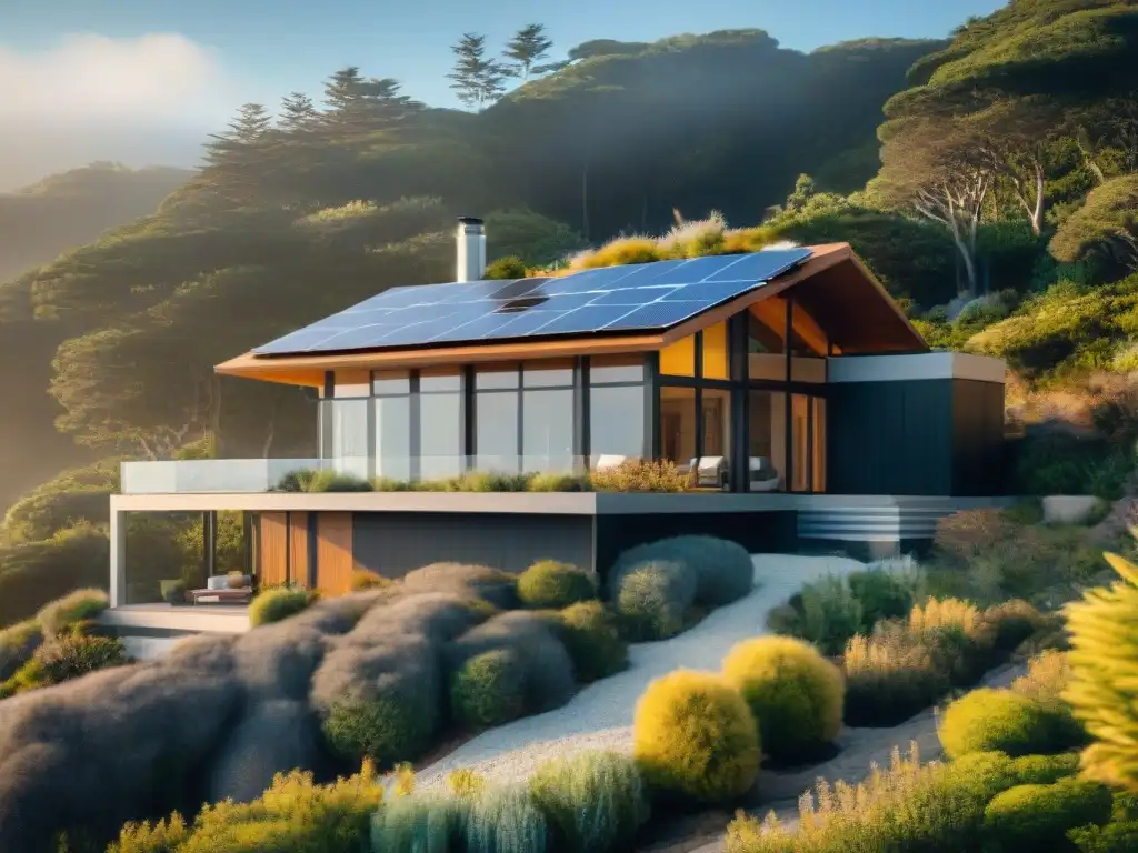 Residencia costera sostenible: modernidad en armonía con la naturaleza Casa costera moderna con tecnología sostenible, integrando paneles solares y sistema de recolección de agua de lluvia