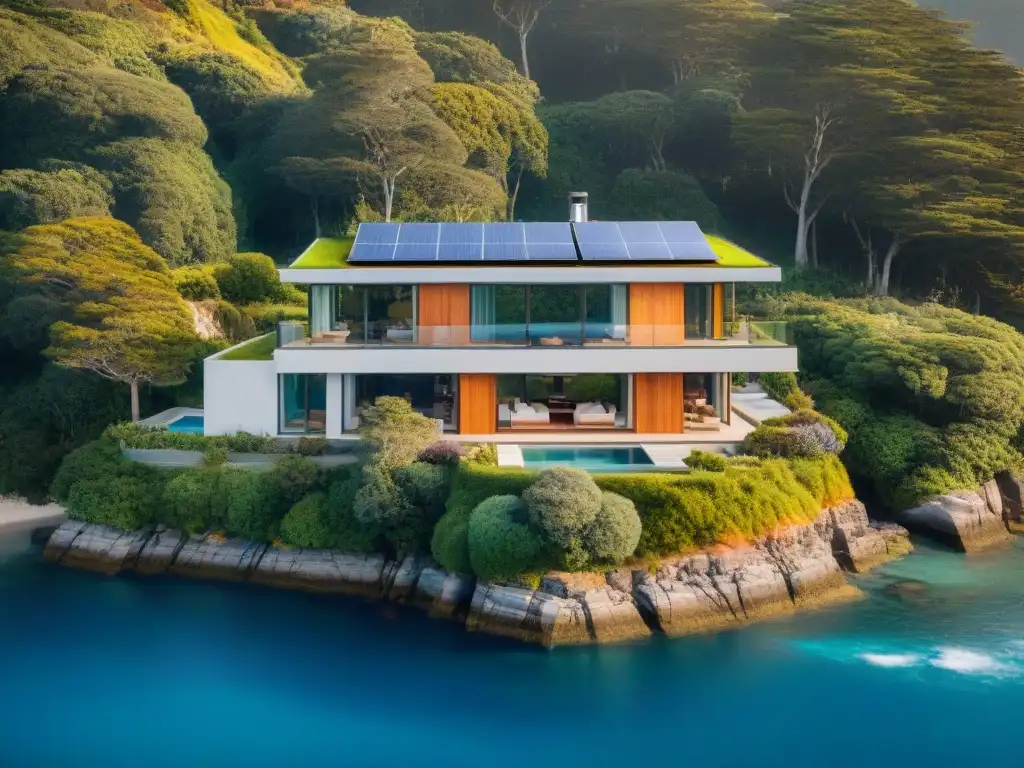 Vivienda costera eco-sostenible: moderna arquitectura junto al mar Una casa costera moderna con tecnología sostenible: paneles solares, amplias ventanas y jardín verde, frente al mar