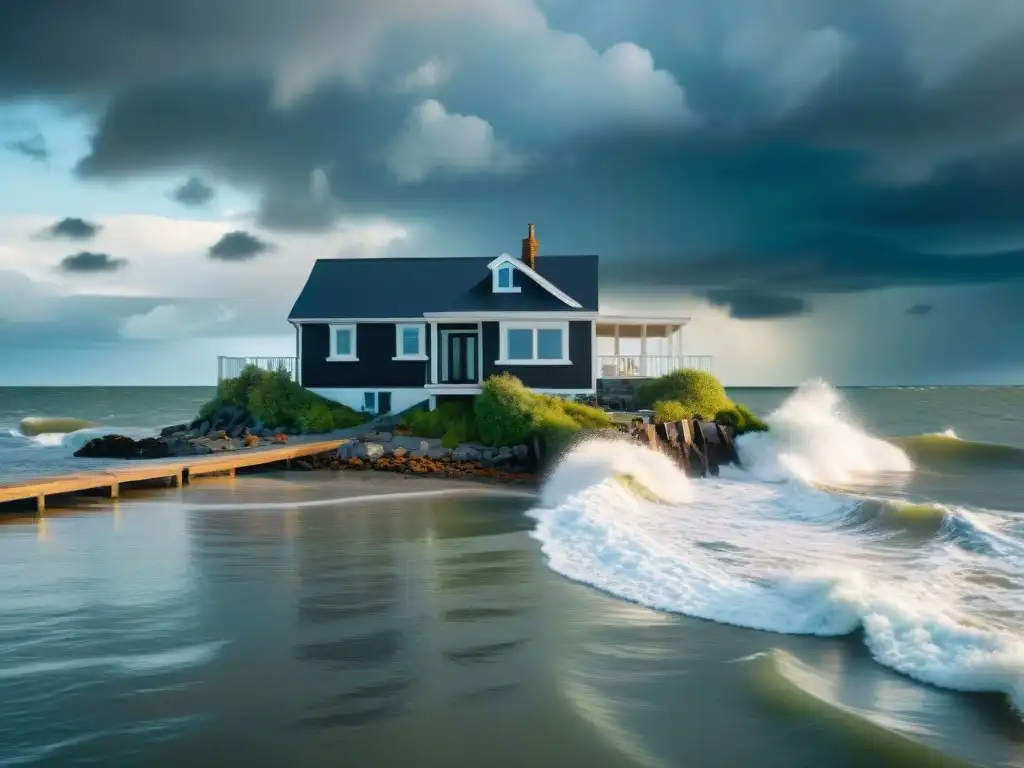 Resiliencia costera: hogar frente al cambio climático Una casa costera resistente alza en el nivel del mar, reflejando desafíos climáticos y la necesidad de restauración en hogares costeros