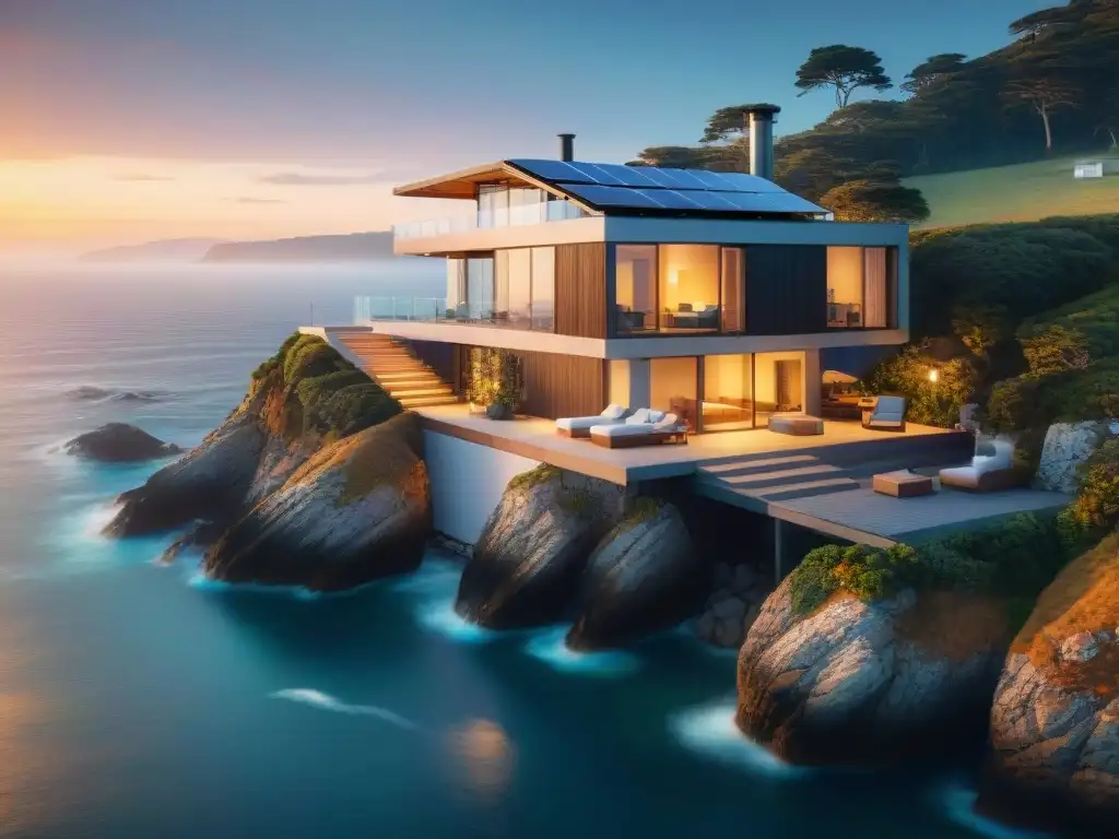 Residencia sostenible en acantilado: armonía entre naturaleza y tecnología Casa costera sostenible autónoma en un acantilado, integrando tecnología y naturaleza al atardecer