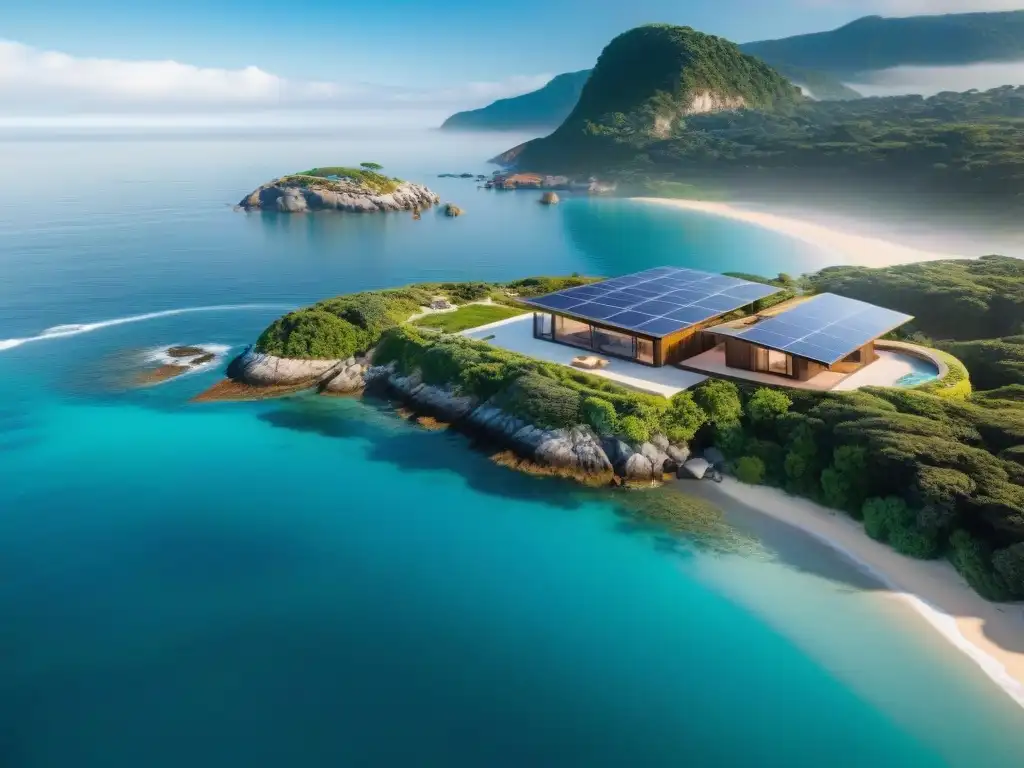 Hogar sostenible en la costa: arquitectura eco y tecnología inteligente Una casa costera sostenible autónoma con energía renovable, rodeada de naturaleza y vista al mar