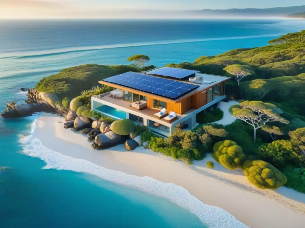 Ecohogar costero: armonía entre modernidad y naturaleza Una casa costera sostenible integrada en el paisaje natural, con paneles solares y sistema de recolección de agua