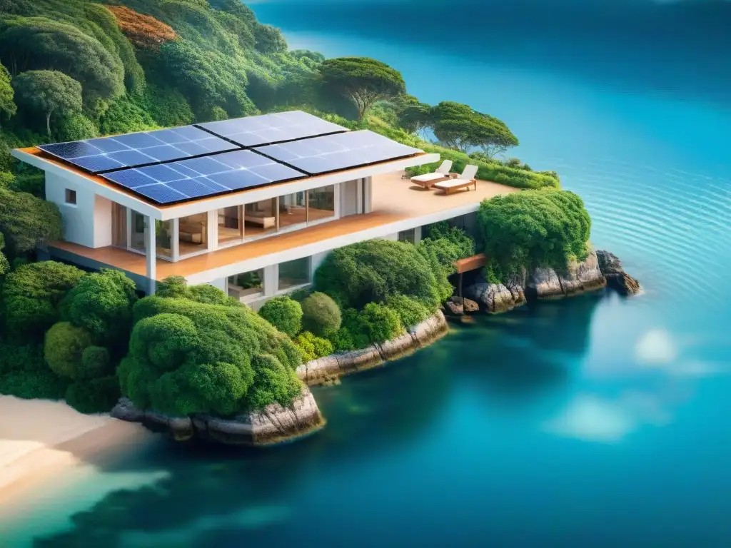 Vivienda sostenible integrada en la costa Una casa costera sostenible junto al mar, con paneles solares y sistema de recolección de agua de lluvia, rodeada de naturaleza