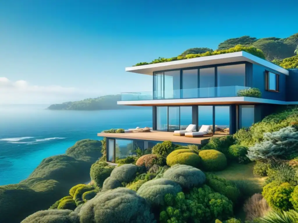 Casa sostenible junto al mar: diseño ecológico en armonía Una casa costera sostenible junto al mar integrada en la naturaleza con paneles solares y jardines verticales