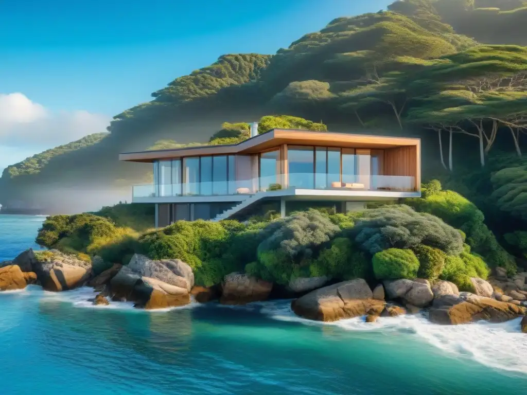 Casa sostenible en la costa: armonía con la naturaleza Una casa costera sostenible se funde con la naturaleza junto al mar