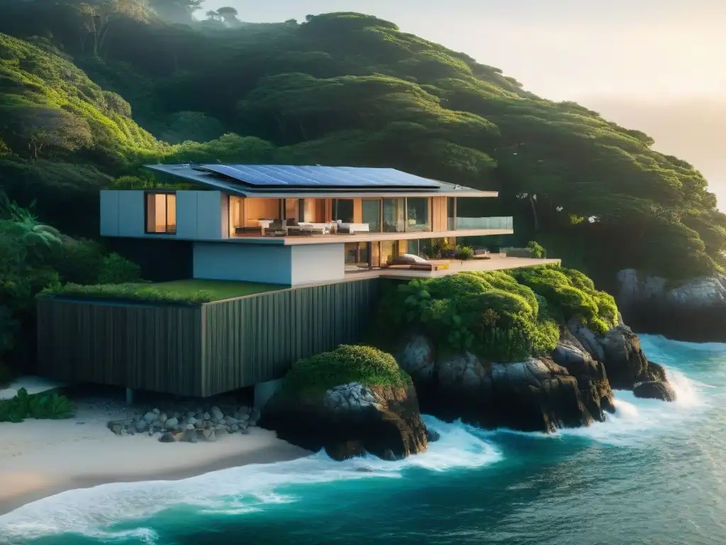 Casa costera eco-sostenible con tecnología verde y vistas al mar Casa costera con tecnología sostenible: paneles solares, captación de agua de lluvia y techos verdes, rodeada de vegetación y frente al mar