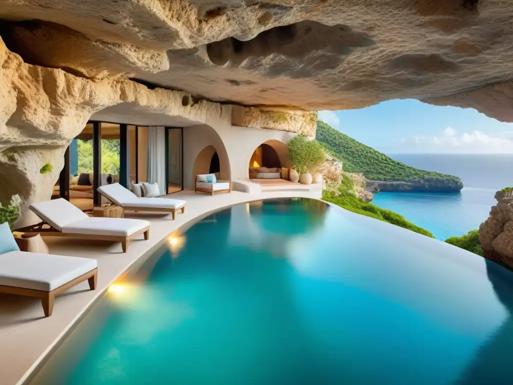 Casa cueva de lujo en acantilado con vistas al mar Una casa cueva costera de lujo integrada en acantilados, con vistas al mar turquesa y una piscina infinita privada