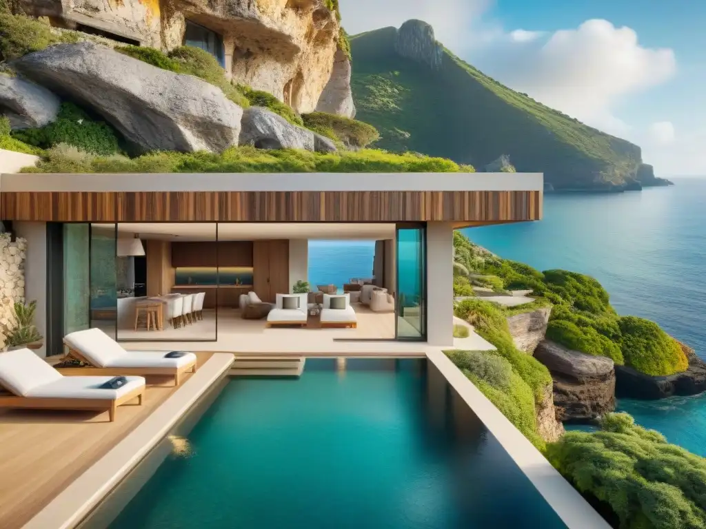 Residencia de lujo en cueva costera con vistas al mar Una casa cueva costera de lujo integrada en acantilados, con vistas al mar y diseño elegante