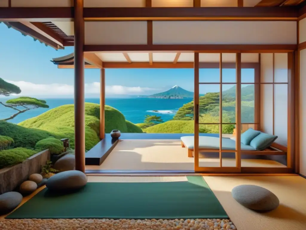 Armonía costera: Casa japonesa en la playa rodeada de naturaleza exuberante Una casa de estilo japonés en la costa rodeada de exuberante vegetación, con el océano sereno al fondo, bañada por la suave luz matutina