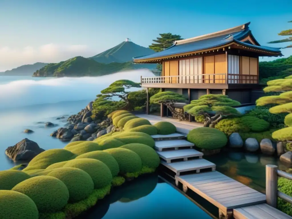 Residencia japonesa tradicional entre la naturaleza costera Una casa de estilo japonés en la costa, rodeada de exuberante vegetación y vistas al mar, reflejando la armonía entre naturaleza y arquitectura