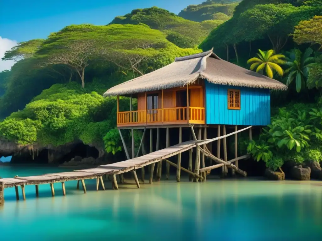 Casa palafito: arquitectura tropical sobre el agua Una casa estilo palafito con vista al mar, rodeada de vegetación tropical
