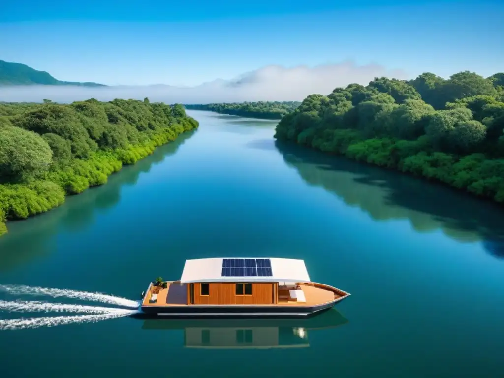 Vivienda flotante innovadora en entorno natural Casa flotante moderna rodeada de naturaleza con diseño de interiores innovador