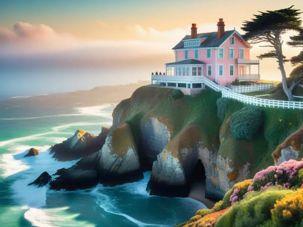 Encantadora casa histórica en acantilado costero al atardecer Una casa histórica en la costa, desgastada pero hermosa, con detalles de madera y pintura pastel, sobre un acantilado al atardecer con seagulls