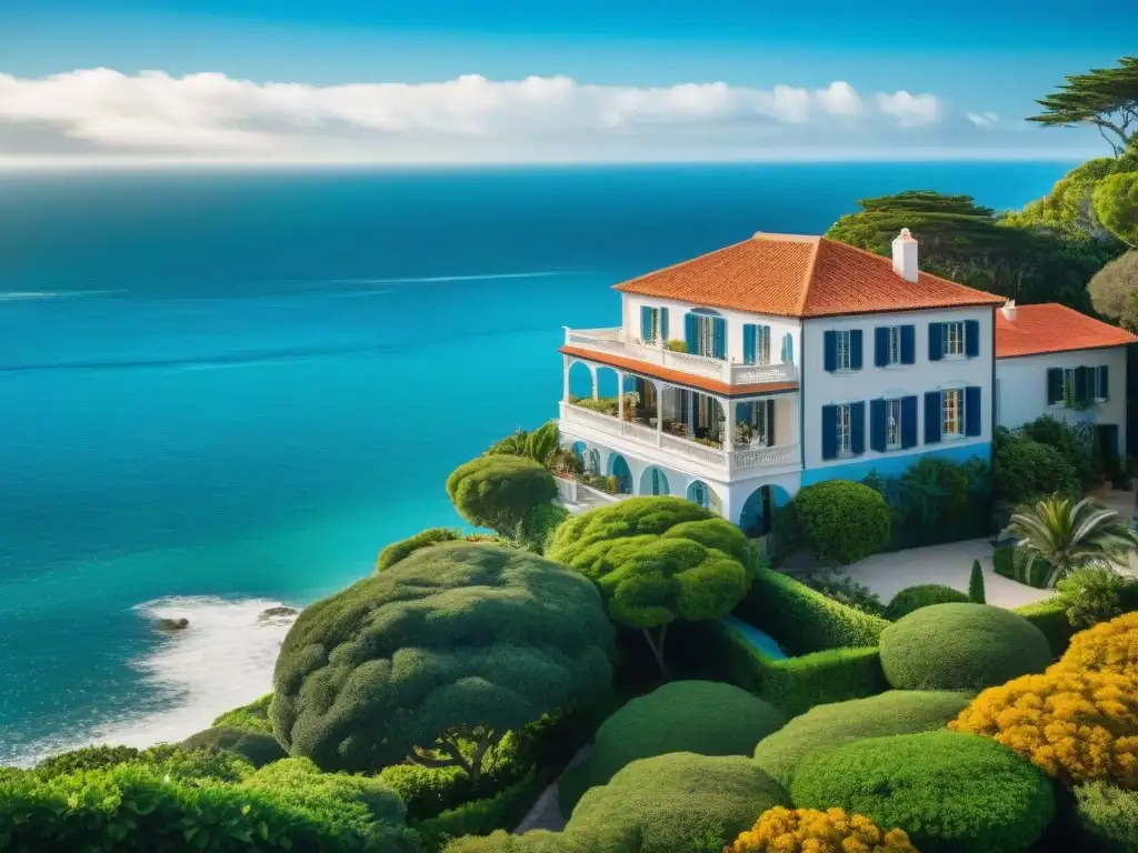 Casa histórica restaurada en la costa: encanto y belleza Una casa histórica en la costa con detalles arquitectónicos detallados y rodeada de exuberante vegetación, frente al mar azul brillante