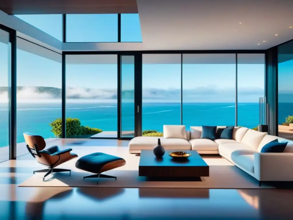 Vivienda costera de lujo con tecnología inteligente integrada Casa moderna en la costa con domótica integrada, diseño contemporáneo y vista al mar en un día soleado