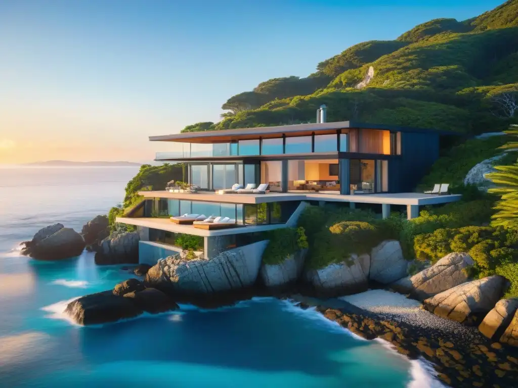 Residencia sostenible de lujo en acantilado costero Una casa pasiva sostenible en la costa, con diseño minimalista y ventanales, rodeada de naturaleza y vista al mar al atardecer