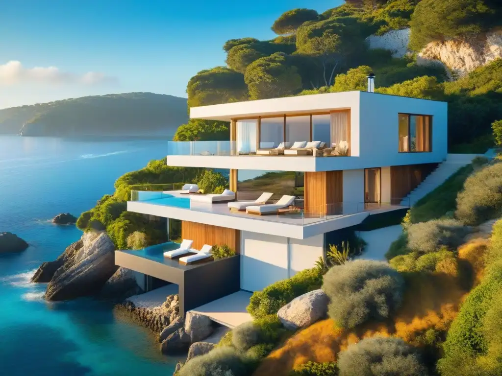 Residencia pasiva moderna en acantilado costero: oasis eco en paraíso Casa pasiva sostenible en costa con diseño moderno, rodeada de naturaleza y energía solar, bañada por la luz dorada del atardecer