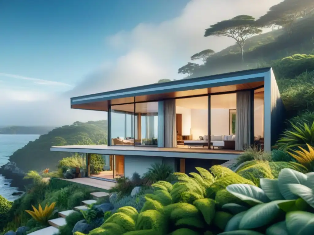 Residencia sostenible: lujo eco en entorno costero Una casa pasiva sostenible en la costa con diseño ecológico, rodeada de vegetación exuberante