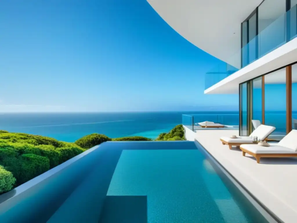 Vista panorámica: Casa de playa moderna con piscina infinita Casa de playa moderna en blanco impecable con vista al mar, piscina infinita y paisajismo minimalista