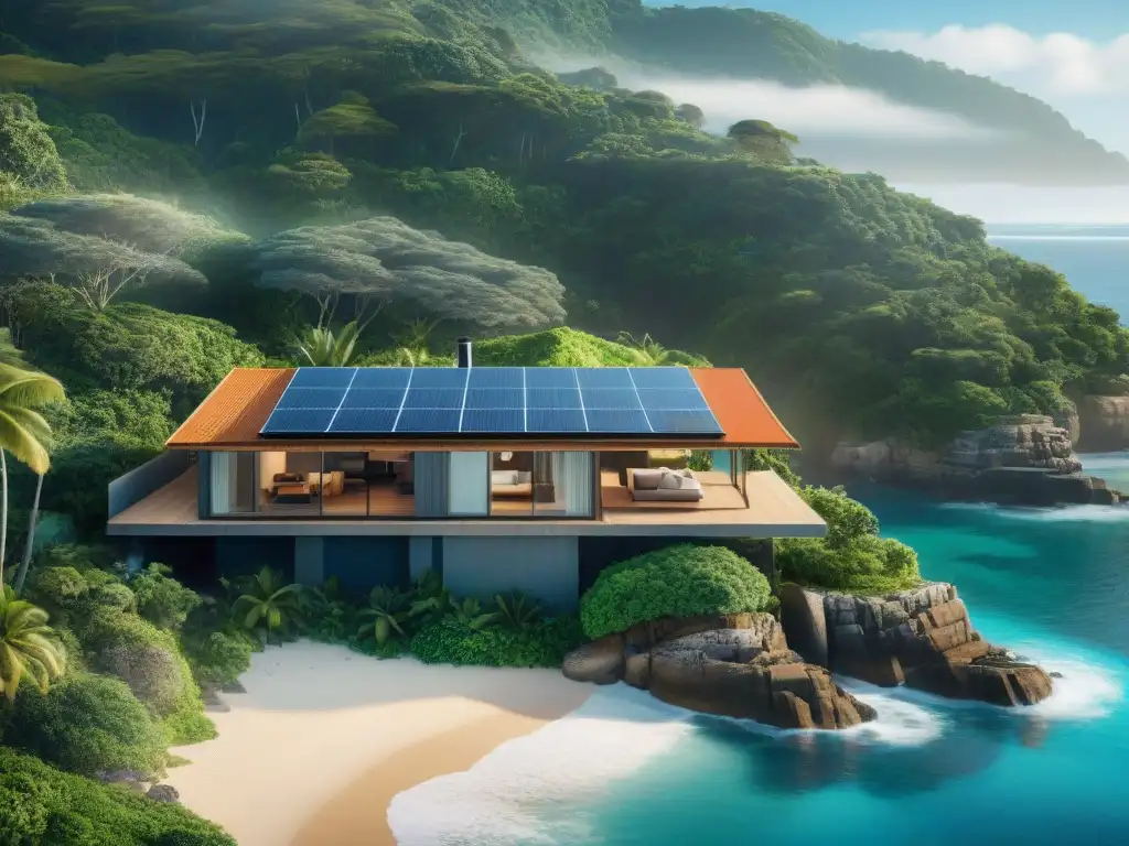 Hogar sostenible en la costa: armonía entre naturaleza y diseño ecofriendly Casa sostenible junto al mar, integrada en la naturaleza y con vistas al océano