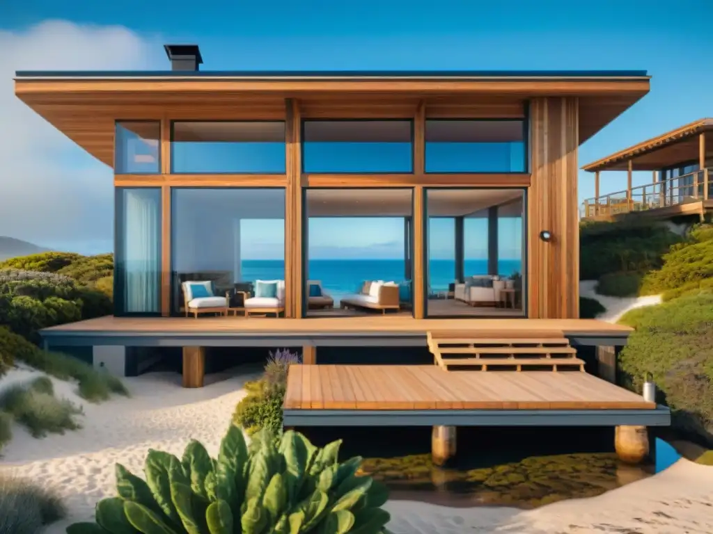 Casa ecológica de playa con diseño moderno y sostenible Una casa sostenible junto al mar con materiales ecológicos y vistas al océano, rodeada de jardín costero y playa